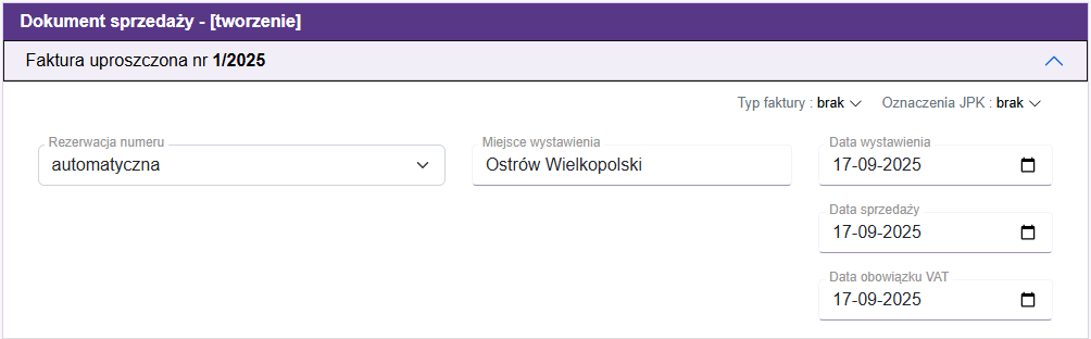 Numeracja, daty, typ faktury