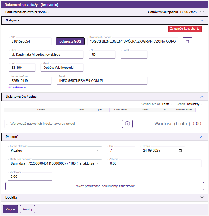 Numeracja, daty, typ faktury, 