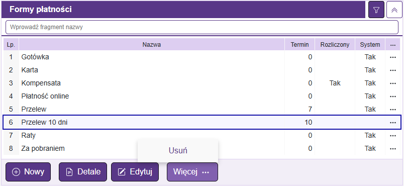 Usuwanie formy płatności