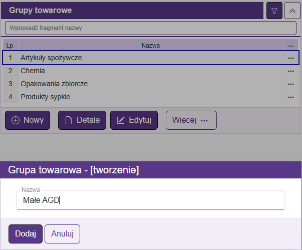 Dodaj grupę towarową