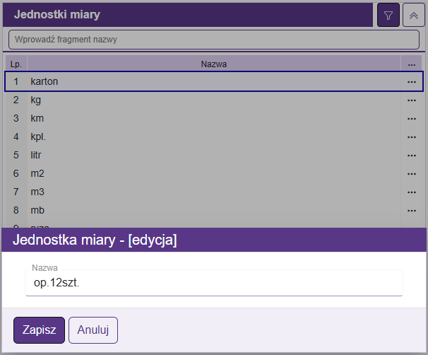 Edytuj jednostkę miary