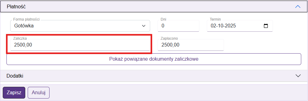Kolejna Faktura zaliczkowa
