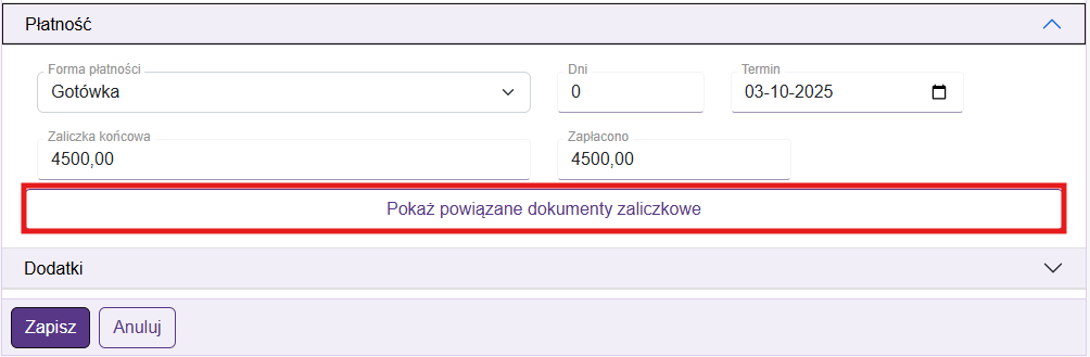 Powiązane dokumenty zaliczkowe