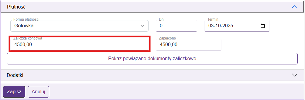 Kolejna Faktura zaliczkowa