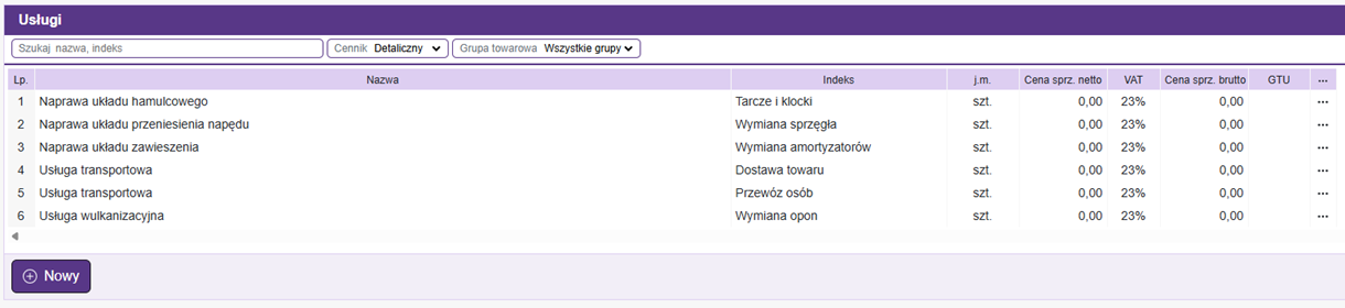 Lista usług