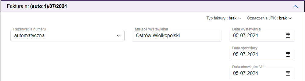 Numeracja, daty, typ faktury