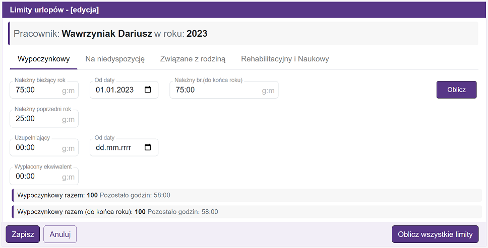 Okno limitów urlopów