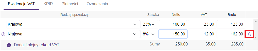 Okno ewidencja VAT sprzedaż
