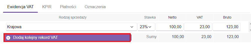 Okno ewidencja VAT sprzedaż