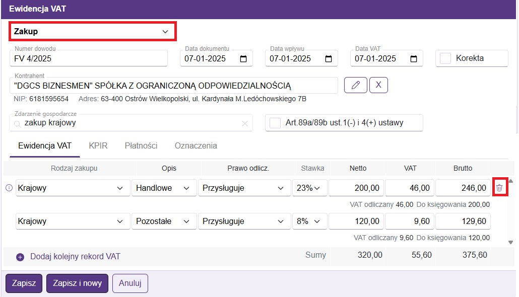 Okno ewidencja VAT zakup