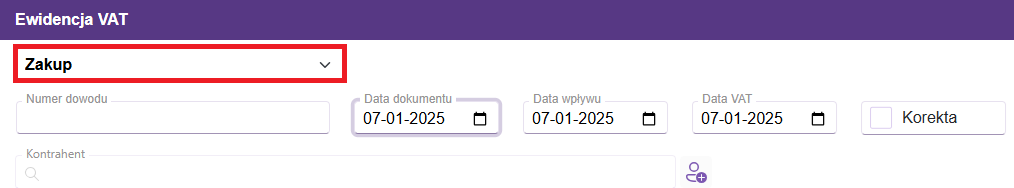Okno ewidencja VAT zakup