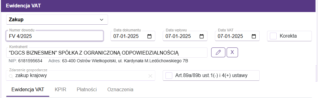 Okno ewidencja VAT zakup