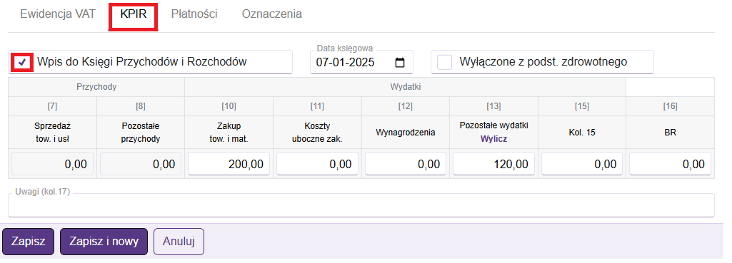 Okno ewidencja VAT zakup