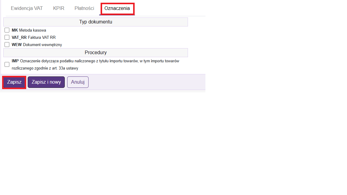 Okno ewidencja VAT sprzedaż