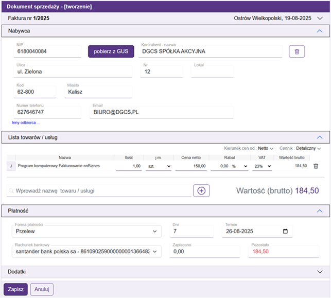 Numeracja, daty, typ faktury, 