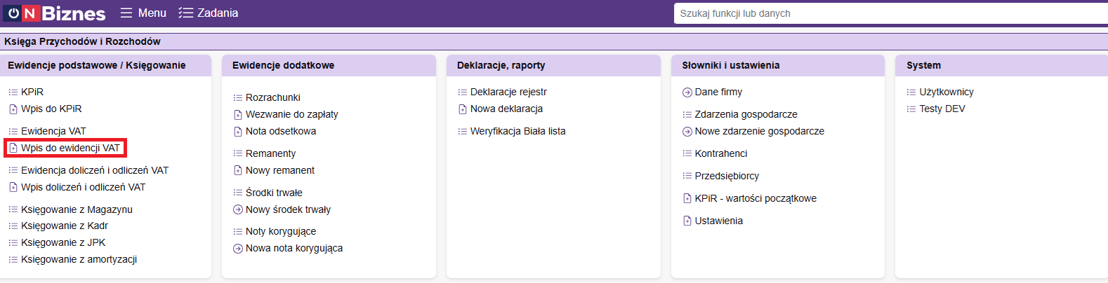 Okno ewidencja VAT zakup
