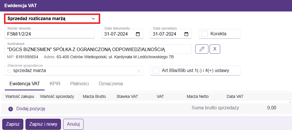 Sprzedaż rozliczana marżą
