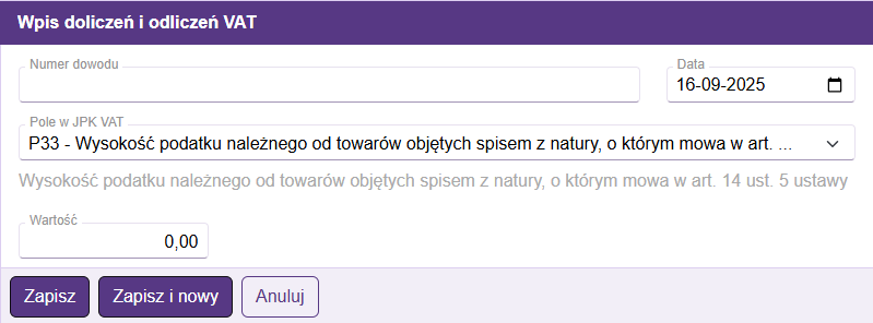Wpis doliczeń i odliczeń VAT